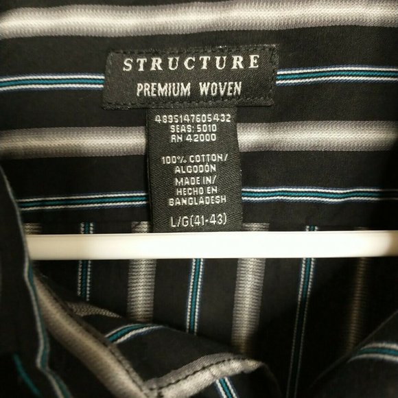 Structure Men's Large Premium Woven Black Striped Long Sleeve Button Up Shirt - Picture 4 of 8